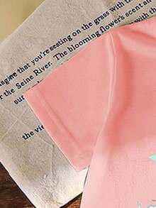 2件套少女KPOP女团印花休闲简约粉色圆领短袖T恤和黑色短袖裤，配套套装