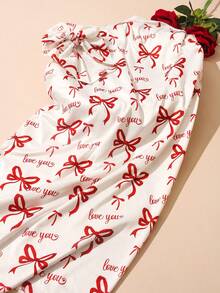 SHEIN 2Pcs Set Newborn Photography Swaddle Wrap Red Bowknot Print Baby Girl Photo Props With Bow Hat Newborn Valentine's Day Gift - Red and White - View 7