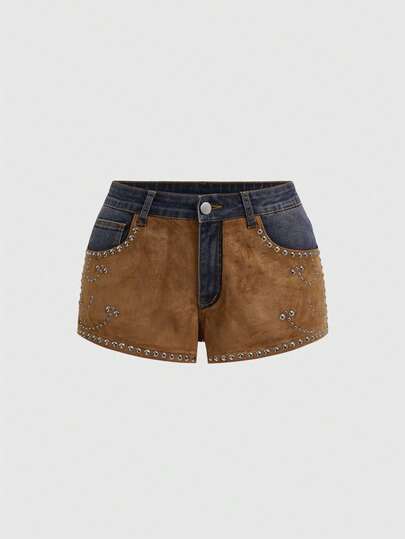 Short en jean skinny taille basse vintage délavé en patchwork de style hippie western cowgirl pour femmes