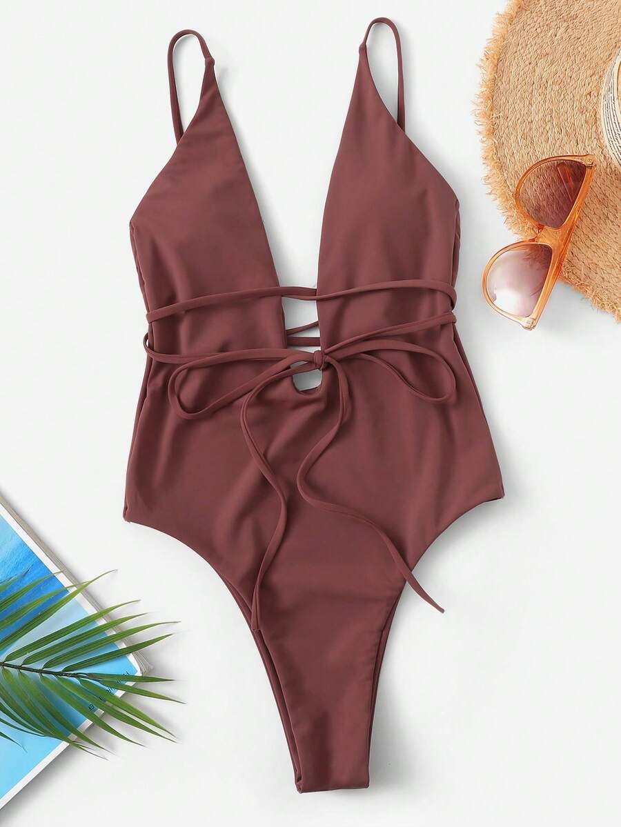 SHEIN Swim Áo tắm liền thân mùa hè màu nâu, buộc dây phía sau, khoét sâu, thích hợp cho nữ. - Rỉ Nâu - Xem 1