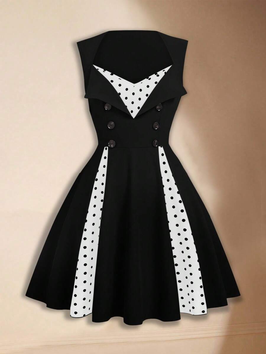 Sweetra 90年代复古休闲通勤优雅法式乡村波点撞色黑白撞色伞裙加大码女式短款无袖连衣裙 - 黑色 - 查看 1