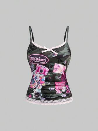 ROMWE Avant Women's Y2K Cute Heart Print Camouflage Color Block Lace Camisole