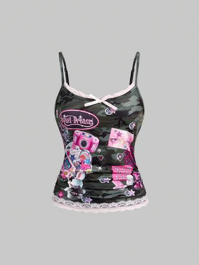 ROMWE Avant Women's Y2K Cute Heart Print Camouflage Color Block Lace Camisole