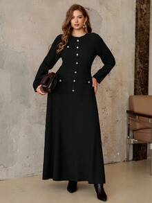 Roveilla Plus Size Women's Textured Elastic Round Neck Front Metal Button A-Line Long Sleeve Dress, Elegant Vintage French Office Commute Business Casual Streetwear, Versatile Autumn/Winter Formal Party Christmas New Year Dress Black Dress Women Black Elegant Dress Button Dress Elegant Curve Dress Plus Size Black Dress - Black - View 3