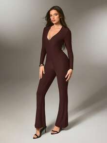 Nuvra 女士长袖V领双层塑身裤，带衬里，收腰提臀 - 棕色 - 查看 8