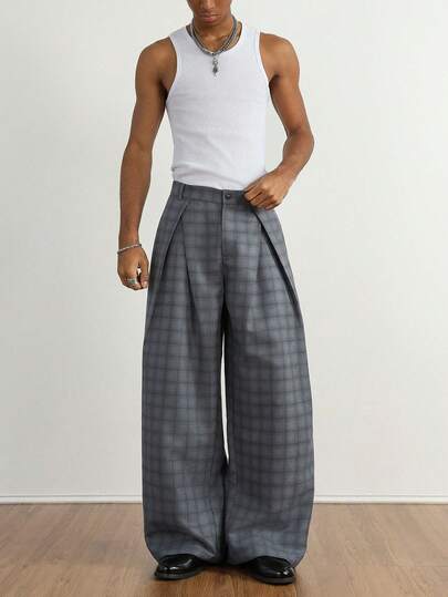 TOKVUE Men's Pleated Plaid Casual Pants With Belt Loops, Loose And Fashionable