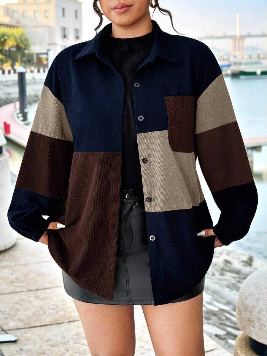 EMERY ROSE Plus Size Women's Fashionable Colorblock Long Sleeve Jacket, Suitable For Outdoor Wear In Autumn/Winter - Coffee Brown - View 1