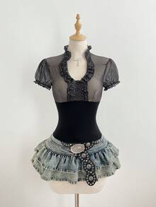 Elamini Áo thun ngắn tay nữ thanh lịch, thoải mái, đa năng, họa tiết chấm bi, phối bèo nhún, viền gấu, thích hợp cho kỳ nghỉ hè. - Nhiều màu - Xem 3