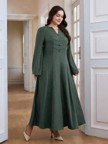 Al Najma Plus Size Women's Solid Color Minimalist Long Sleeve Abaya Dress, Everyday Wear - Green - View 5