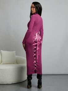 NYA SZN Dress Long Sleeve Turtle Neck Fitted Sweater Business Casual Everyday Cool Girl Ibiza Gyaru Holiday Midi Length Fall Winter Carnival Outfits Women - Purple - View 2