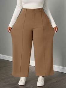 SHEIN PETITE CURVE 大码休闲纯色高腰西装裤 - 卡其色 - 查看 6
