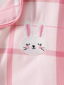 2pcs/Set Young Girl' Sweet Pink Plaid Print Bunny Embroidery Casual Comfortable Revere Collar Cardigan & Pants Homewear Set - Pink - View 4
