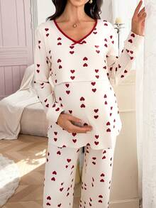 Moonlight&Mama Heart Print Nursing Friendly Round Neck Long Sleeve Top And Pants Maternity Pajama Set - Multicolor - View 3