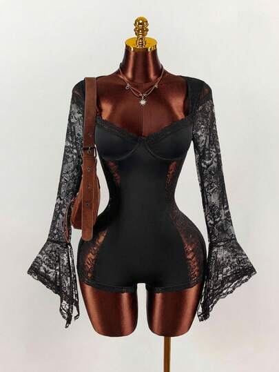 Amplova Sexy Contrast Lace Waist Cinching Women's Spaghetti Strap Bodysuit With Long Bell Sleeves And Sheer Side Panels Black Lace Bodysuit