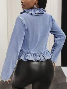 Slaydiva 女士休闲时尚水洗牛仔上衣，荷叶边下摆，秋季款 - 藍色 - 查看 2