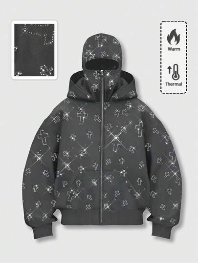 Street Life Modischer Kapuzenpullover mit Strass-Verzierungen und Taschen, Reißverschluss-Vorderteil Sweatshirt Hoodie für Herren