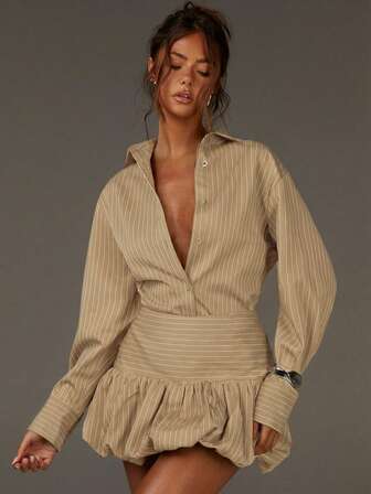 Athîral 女士休闲套装，女士秋季穿搭，棕色泡泡裙和衬衫，棕色条纹