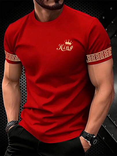 Manfinity Homme Classic Versatile Red Men's Short Sleeve T-Shirt, Gold "King" Icon Sleeve Cuff Floral Design, Mature Cool Street Style