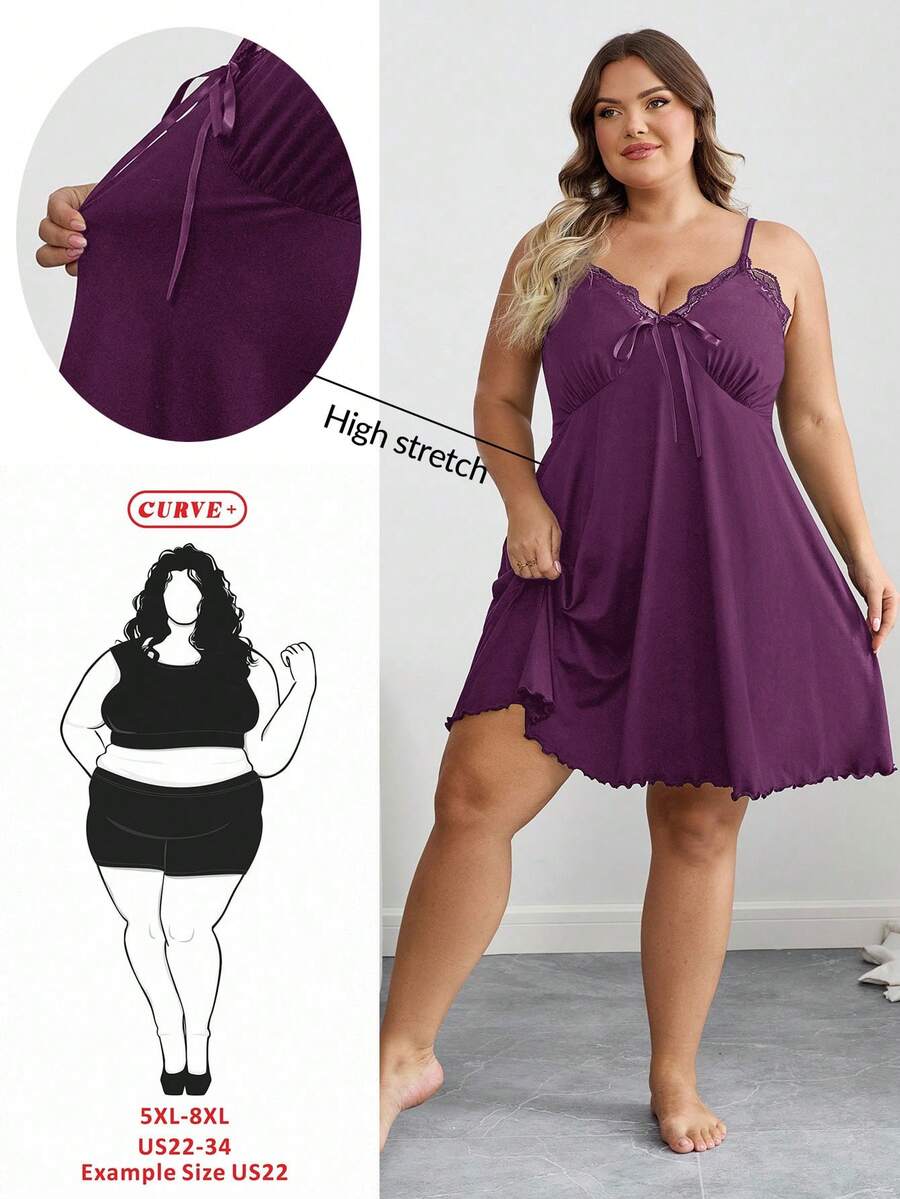 SHEIN CURVE+ 大码女装/秋季服装/秋季女装/冬季女装/冬季女装大码黑色蕾丝拼接领吊带裙 - 紫色 - 查看 1