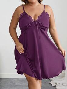 SHEIN CURVE+ 大码女装/秋季服装/秋季女装/冬季女装/冬季女装大码黑色蕾丝拼接领吊带裙 - 紫色 - 查看 5