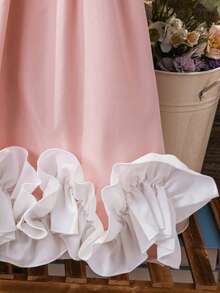 SHEIN Young Girl Woven Contrast Color Ruffle Hem Loose Dress,Suitable For Spring And Summer - Pink - View 9