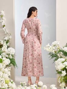 Al Najma Elegantes Damen-Kleid mit Ditsy-Blume Muster und Kreuzgurt-Taille, arabischer Stil - Pink - Übersicht 3