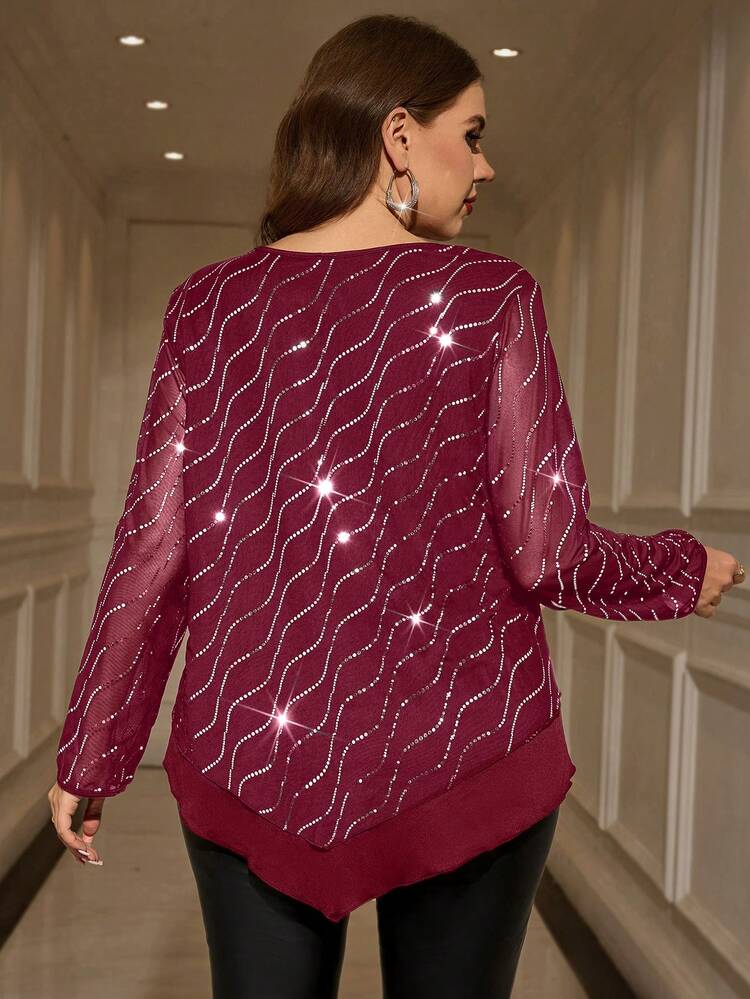 Blouse noire élégante à manches longues, col rond, avec sequins et broderie irrégulière pour femmes grandes tailles. Automne/Hiver