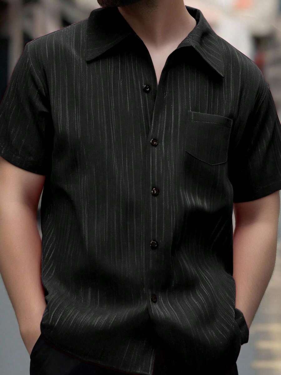 SHEIN 青少年男童纯色前襟休闲百搭短袖衬衫 - 黑色 - 查看 1