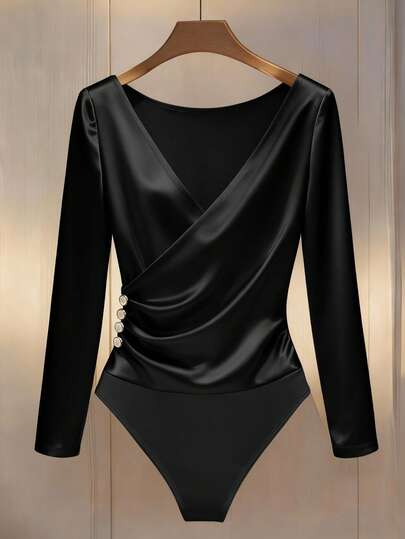 Franclia Mono elegante con cuello en V, manga larga, ribete de volantes y botones para mujeres, adecuado para ir al trabajo