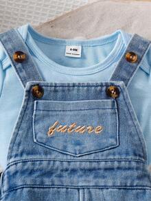 SHEIN Vintaside Kids Baby Boy Round Neck Short Sleeve Top And Letter Embroidered Denim Bib Pants Casual Holiday Outfit Set - Blue - View 3
