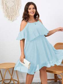 Flouryn Plus Size Women Solid Color Ruffle Trim Off Shoulder Fashionable Dress - Baby Blue - View 6