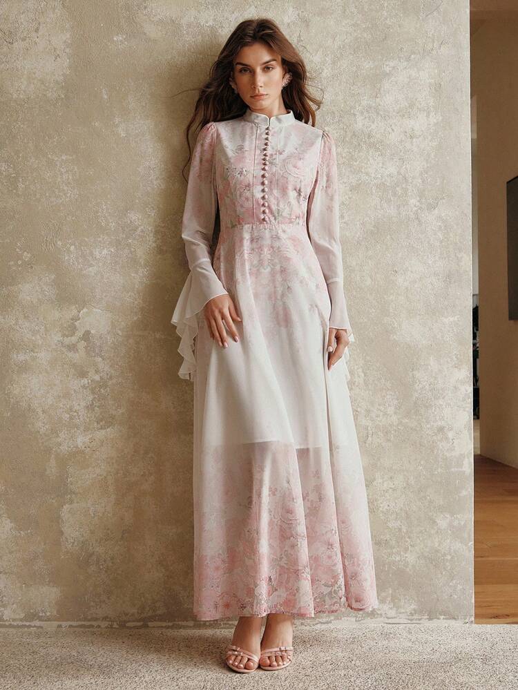 Women's New Spring/Summer Long Sleeve Chiffon Pink Long Elegant Romantic Delicate Flared Dress