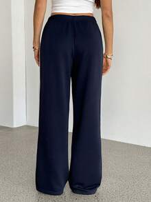 SHEIN Tall Navy Blue Knit Casual Women's Sweatpants, Side Stripe Patchwork Sweatpants - Navy Blue - View 2