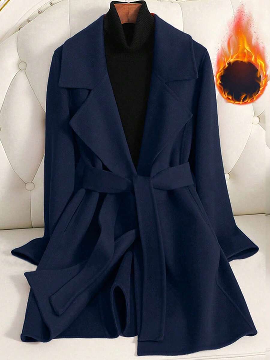 SHEIN PETITE Áo khoác dài tay nữ bằng len pha, cổ chữ V, thắt lưng, kiểu dáng thời trang, đa năng, phù hợp cho các hoạt động mùa thu/đông. - Màu xanh hải quân - Xem 1