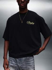 PLAYBOY X SUMWON Men Boxy Fit Crew Neck Short Sleeve T-Shirt With Gold Script Print Casual Streetwear Top - Black - View 4