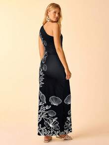 Đầm midi nữ phong cách Boho nhiệt đới, họa tiết vỏ sò biển xanh dương, hình cá ngựa và san hô, kiểu dáng bất đối xứng, eo nhún bèo, thích hợp cho kỳ nghỉ. - màu đen - Xem 2