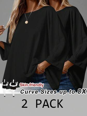 SHEIN CURVE+ 2 st/set Plus Size Dam Casual Lös T-shirt med 3/4 Ärmar