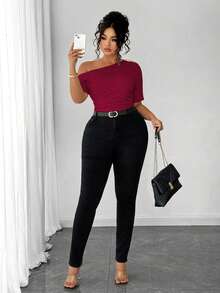 Elenzga Plus Size Women Elegant Personalized Versatile Casual Commute Open Shoulder Top - Burgundy - View 4