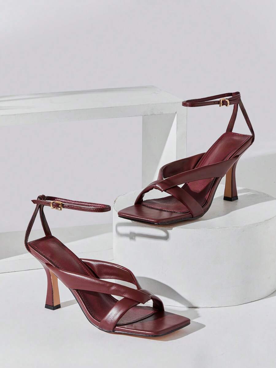 SHUZIA Sandalias de tacón alto de punta cuadrada elegantes para mujer - Burdeos - Ver 1