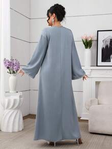 Al Najma Women's Elegant Blue Long Sleeve Floral Lace Collar Arabic Style Dress, Autumn - Blue - View 2