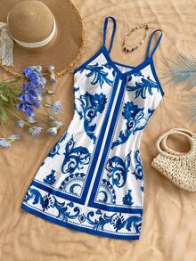 Soleia 女士印花休闲度假吊带裙 - 藍白色 - 查看 3