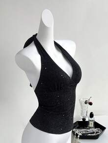 SHEIN Tall 女士休闲度假优雅日常百搭时尚外出通勤派对亮片面料露背蝴蝶结腰部短款吊带上衣，春夏款 - 黑色 - 查看 6