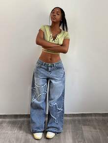 StreetHx Fashionable Casual Streetwear Patch Embroidered Star Low-Waist Distressed Jeans - Medium Wash - View 5