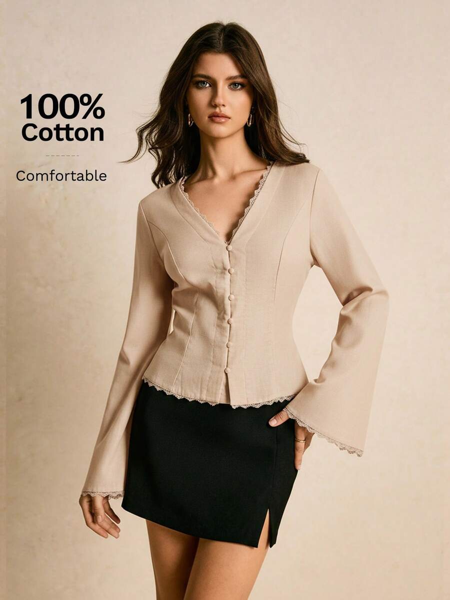 Poéselle Áo cánh thanh lịch cổ chữ V tay loe phối ren màu tương phản đơn sắc dành cho nữ - Màu Khaki - Xem 1