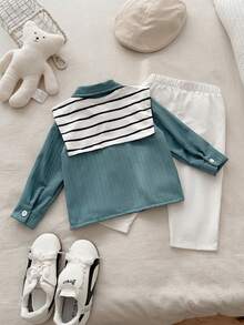 SHEIN Baby Boy Spring And Autumn Casual Multi-Functional Comfortable Striped Shawl, Lapel Long-Sleeved Shirt And Straight-Leg Trousers Three Pieces Set - Dark Green - View 2