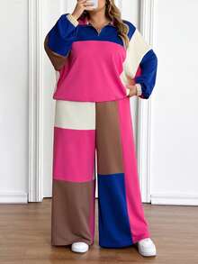 SHEIN CURVE+ 2 Stücke Set Damen Große Größen Lässig Patchwork Loose Fit Langarm Halb-Reißverschluss Hoodie und Weite Bein Jogginghose, Streetwear, Freizeitmode, Loungewear, Herbst/Valentinstag - Verschiedenfarbig - Übersicht 8