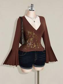 SHEIN ICON 大码女式复古长袖翻领喇叭袖上衣，舒适时尚，适合居家、旅行、秋冬季穿着。 - 棕色 - 查看 8