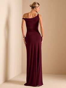 SHEIN BAE Đầm maxi nữ mùa hè bên bờ biển, kiểu dáng lệch vai, bất đối xứng, chất liệu lưới và ruy băng xoắn. - Màu Đỏ Sâu - Xem 2