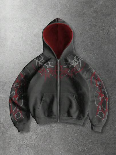 Street Life Sudadera con capucha informal y suelta con estampado de patrones, para otoño