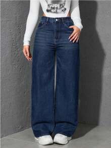 Jeans Mezclilla Casual De Pierna Ancha Para Mujer Pantalón - Azul lavado oscuro - Ver 4